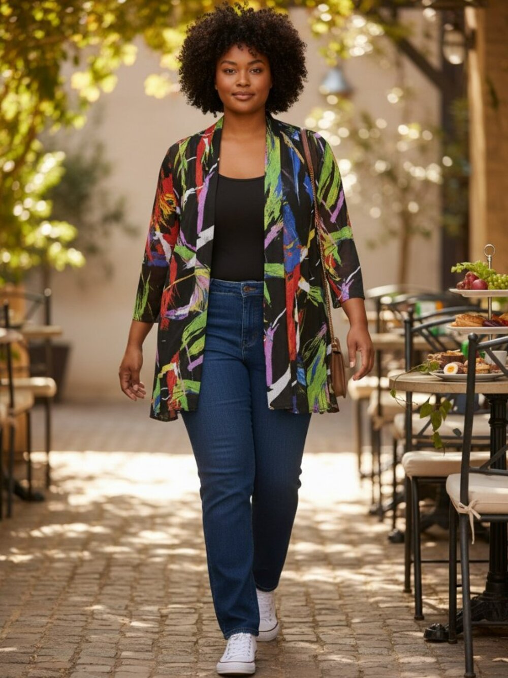 Ali Miles Open Cardigan Type Semi-Sheer Black Abstract Colors Jacket in Medium